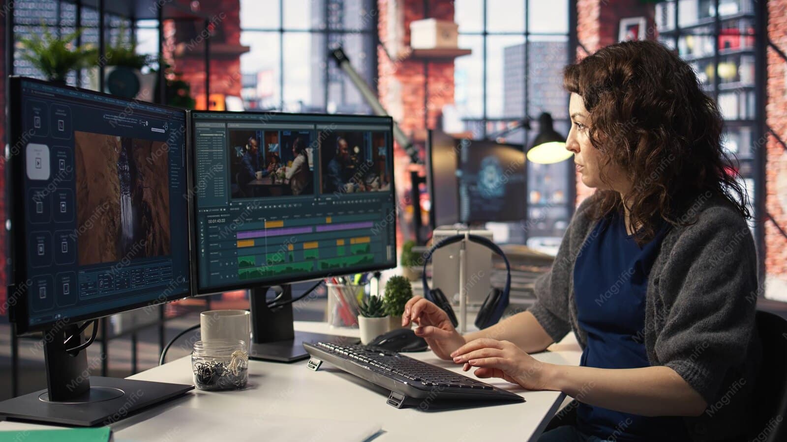 Video editor cutting a project on two monitors