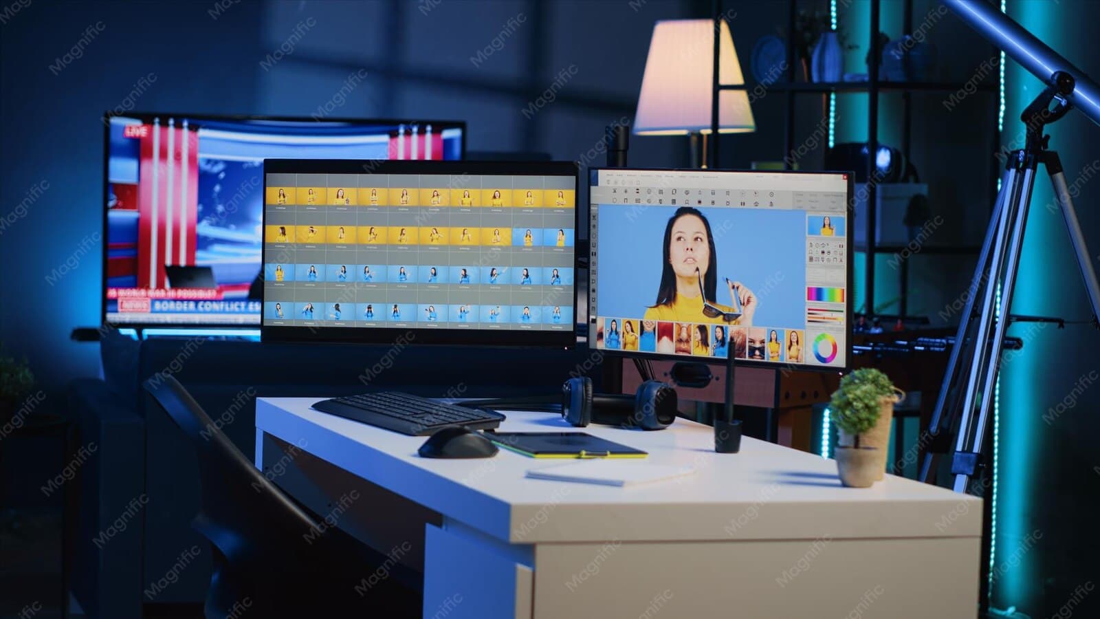 Editing desk with colour grading on two monitors